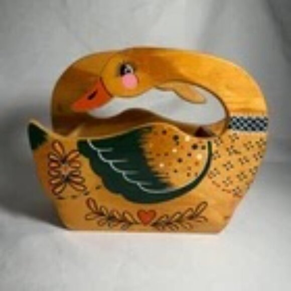 1987 Vintage Wooden Hand-painted Goose Basket - Picture 6 of 7